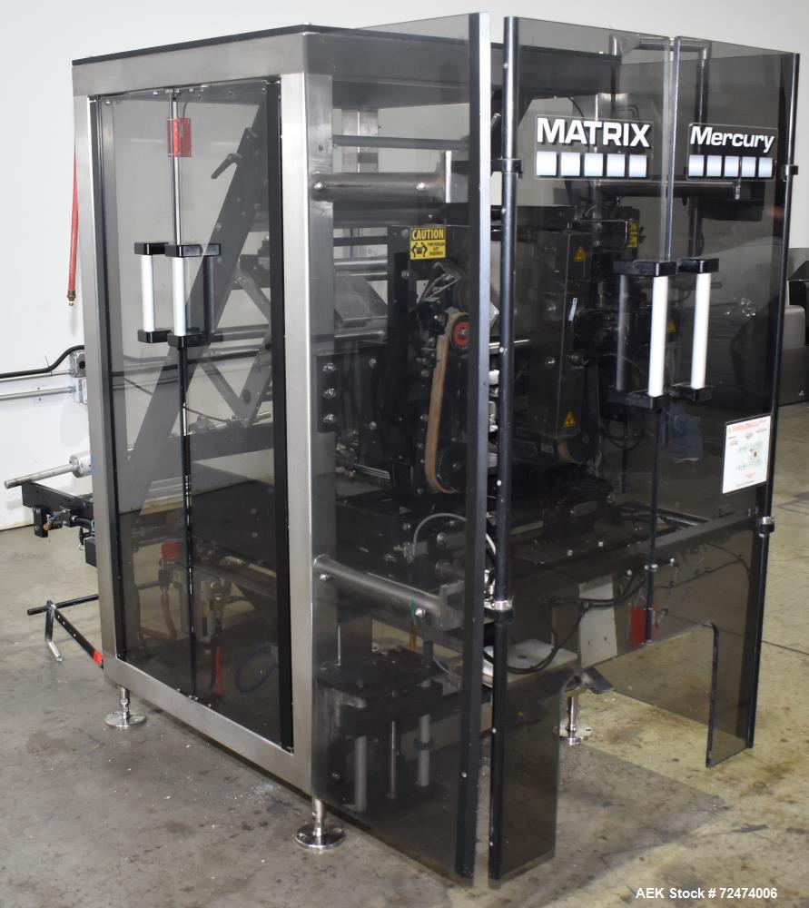 Used Matrix Packaging Mercury HS High Speed Vertical, Form, Fill and Seal Machine. Capable of speeds up to 140 BPM. Bag size range: 1.75" - 11" (Width) x 2.5" - 15" (Length). Has side belt pull downs...